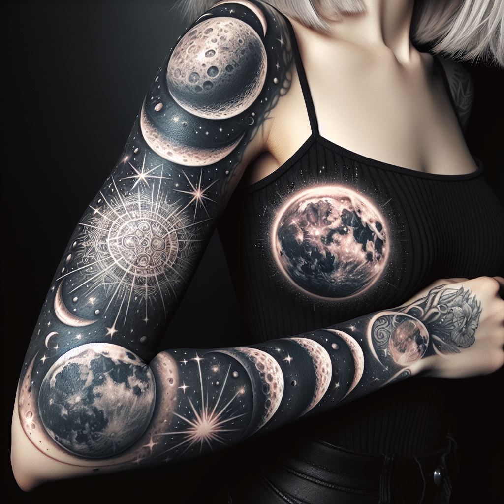A woman's full sleeve tattoo featuring celestial bodies, including moons, stars, and planets, intricately detailed in black and grey, symbolizing a fascination with the universe and the unknown.