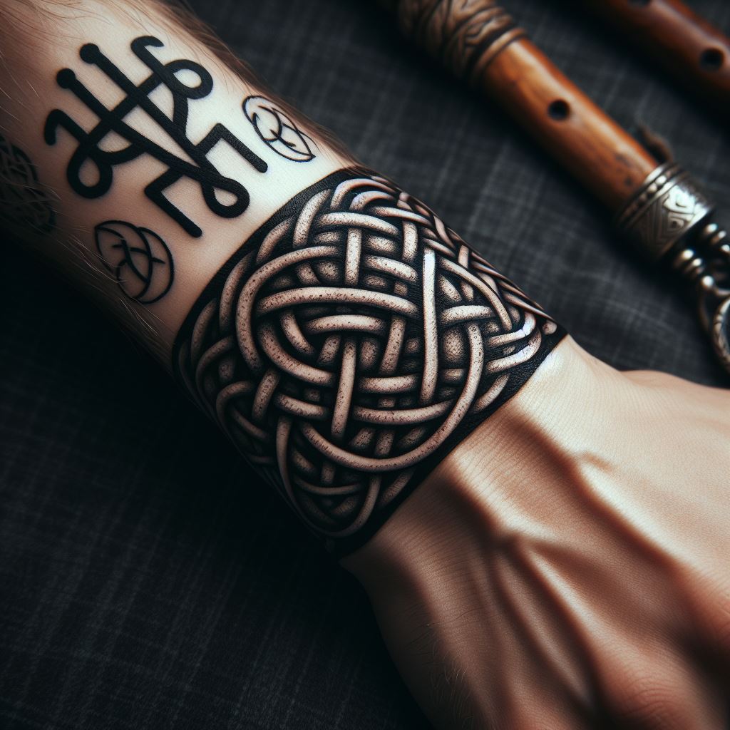 A Celtic knot tattoo that wraps around the wrist like a bracelet. The knotwork is intricate and continuous, symbolizing eternity and the interconnectedness of life and nature. The design incorporates small symbols or runes that hold personal significance to the wearer, representing their beliefs and values.