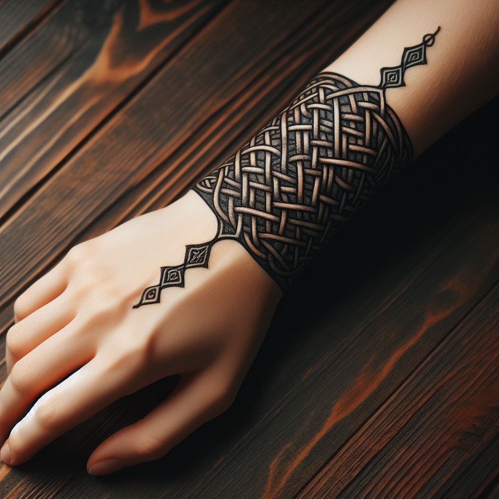 A Celtic knot tattoo that wraps around the wrist like a bracelet. The knotwork is intricate and continuous, symbolizing eternity and the interconnectedness of life and nature. The design incorporates small symbols or runes that hold personal significance to the wearer, representing their beliefs and values.