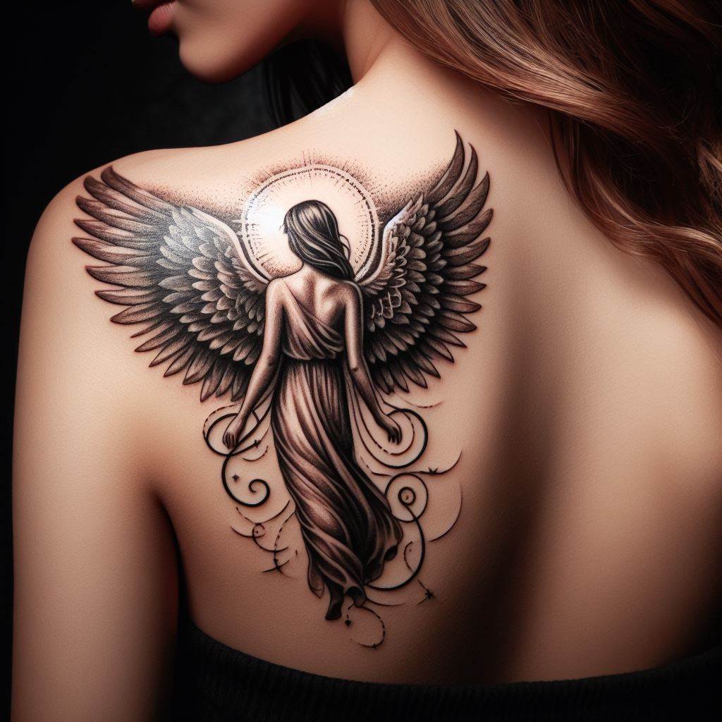 A tattoo of a guardian angel with wings spread protectively, positioned on one shoulder blade. The angel is depicted in a serene and watchful pose, with subtle features that may resemble a loved one or carry specific symbols of protection and guidance. This tattoo is a symbol of faith, hope, and the presence of a protective force in the wearer's life.
