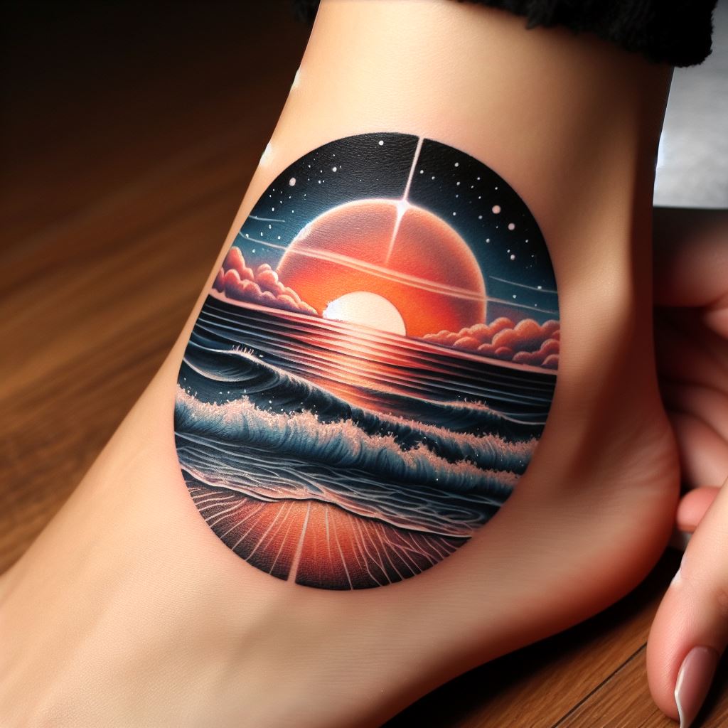A tattoo that captures the tranquil scene of the ocean horizon, where the sea meets the sky, stretching across the top of the foot. The design includes a setting sun or rising moon, with gentle waves and a clear horizon line, symbolizing peace, infinity, and the wearer's connection to nature.