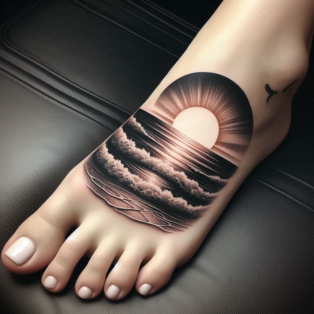 A tattoo that captures the tranquil scene of the ocean horizon, where the sea meets the sky, stretching across the top of the foot. The design includes a setting sun or rising moon, with gentle waves and a clear horizon line, symbolizing peace, infinity, and the wearer's connection to nature.