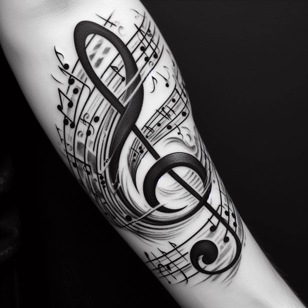 A tattoo that features a section of musical score with notes and bars that represent a favorite or personally meaningful piece of music, flowing along the inner forearm. The tattoo may include musical symbols like a treble clef or notes that are artistically incorporated with lyrics or names, celebrating the wearer's passion for music and its impact on their life.