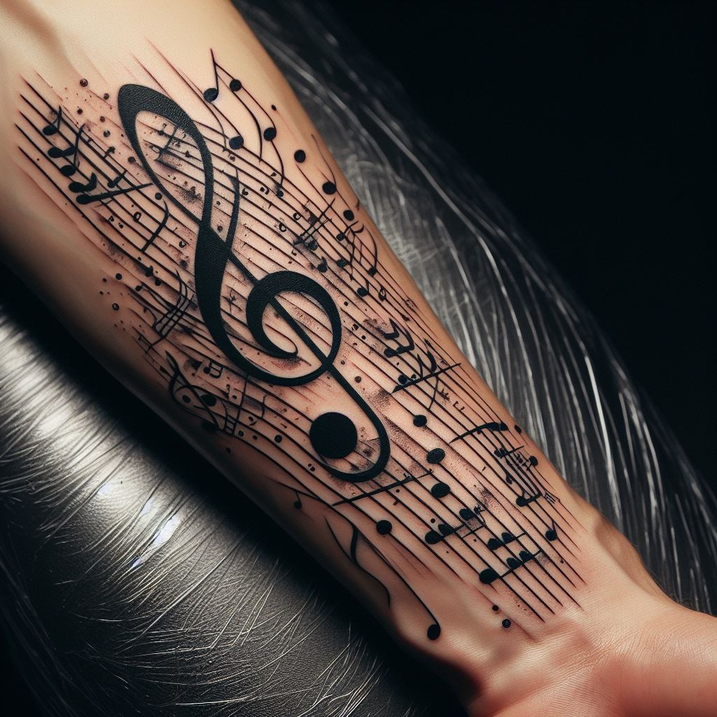 A tattoo that features a section of musical score with notes and bars that represent a favorite or personally meaningful piece of music, flowing along the inner forearm. The tattoo may include musical symbols like a treble clef or notes that are artistically incorporated with lyrics or names, celebrating the wearer's passion for music and its impact on their life.