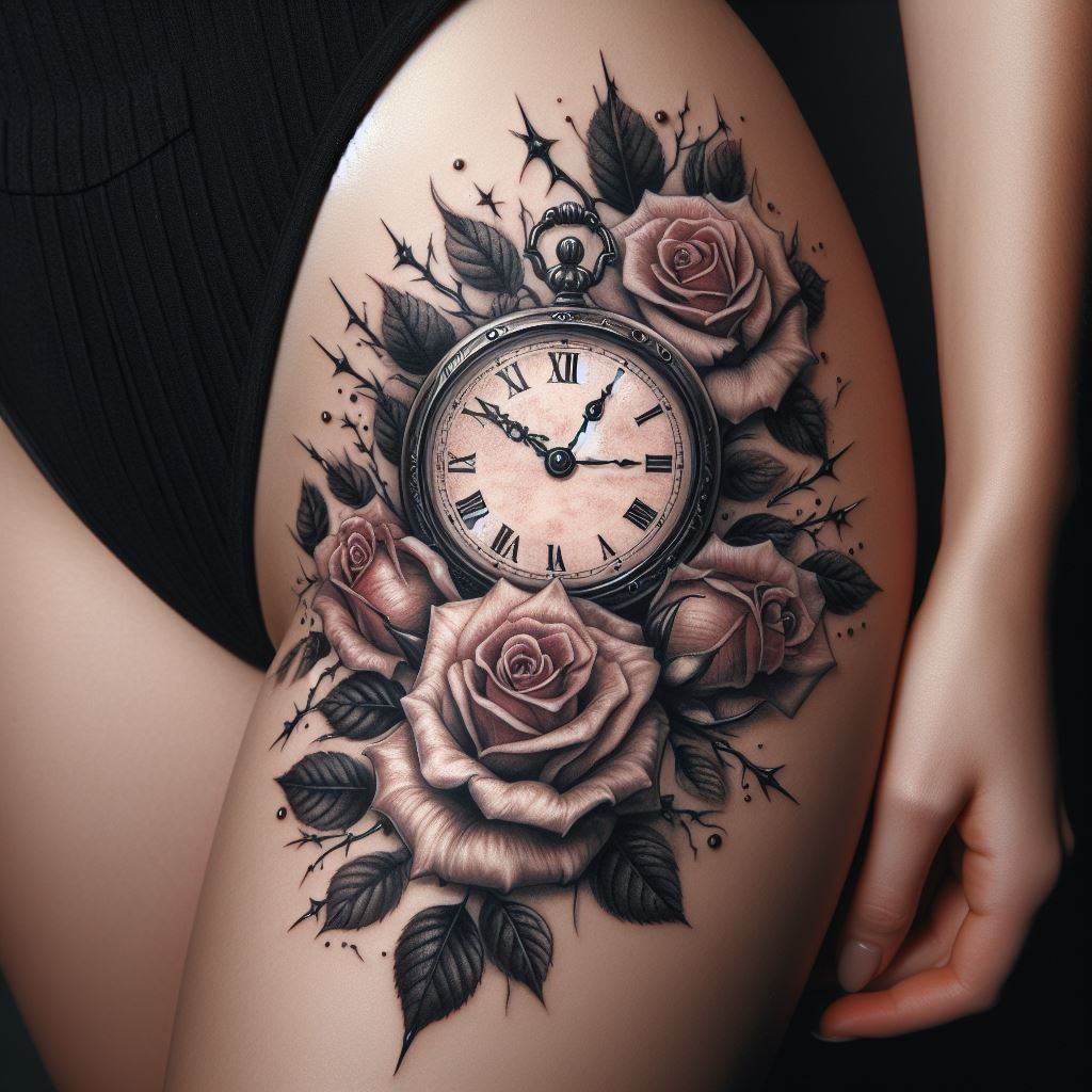 A detailed tattoo of a vintage clock surrounded by blooming roses, positioned on the side of the thigh. The clock's hands are set to a significant time, representing a pivotal moment in the wearer's life. The roses symbolize beauty and love, while thorns among the blooms indicate resilience through hardships.