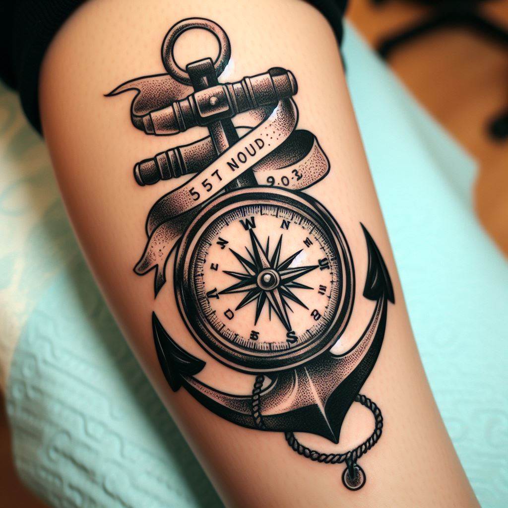 A tattoo featuring a nautical compass atop an anchor, wrapped with a banner that holds a meaningful quote or date, located on the calf. This design symbolizes guidance, stability, and the wearer's love for adventure or connection to the sea, representing a journey of discovery and the strength to stay grounded.