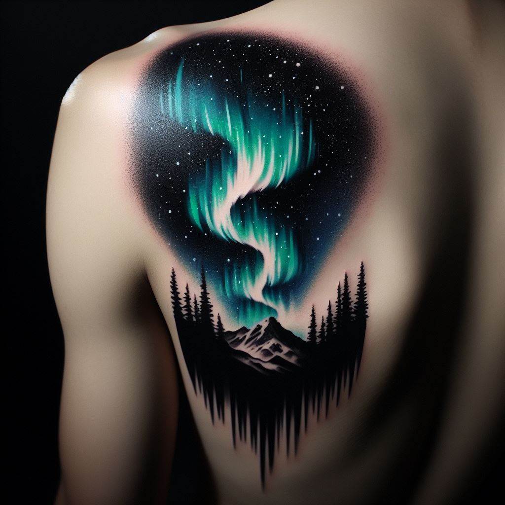A tattoo that captures the mesmerizing beauty of the Northern Lights, cascading over a silhouette of mountains or a forest skyline, spanning the shoulder and curving down the arm. This tattoo represents the wearer's awe for nature's wonders and a reminder of a significant place or moment under the aurora's glow.
