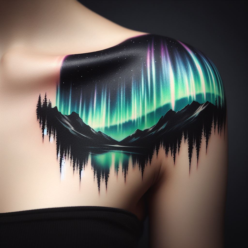 A tattoo that captures the mesmerizing beauty of the Northern Lights, cascading over a silhouette of mountains or a forest skyline, spanning the shoulder and curving down the arm. This tattoo represents the wearer's awe for nature's wonders and a reminder of a significant place or moment under the aurora's glow.