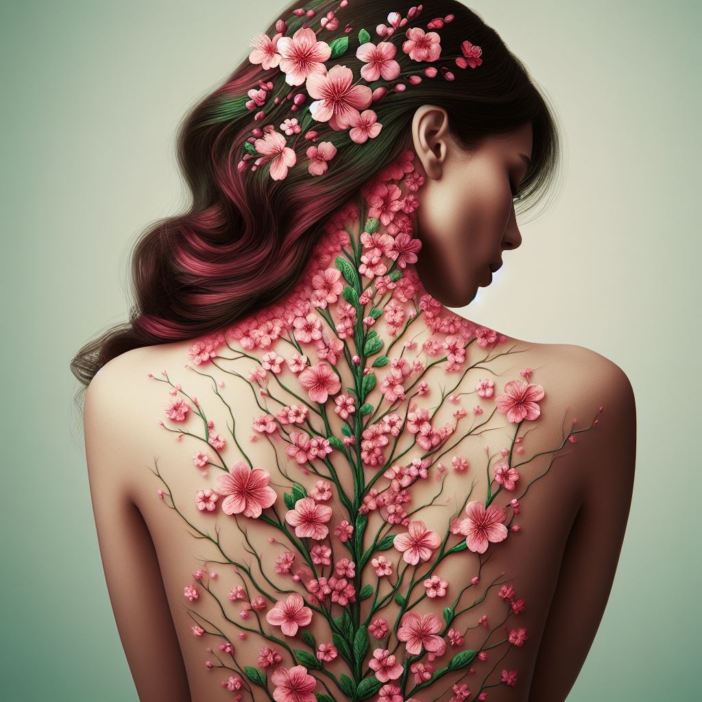 Vertical alignment of cherry blossoms flowing down a woman's spine, in delicate pink and green hues, symbolizing life's fleeting beauty.