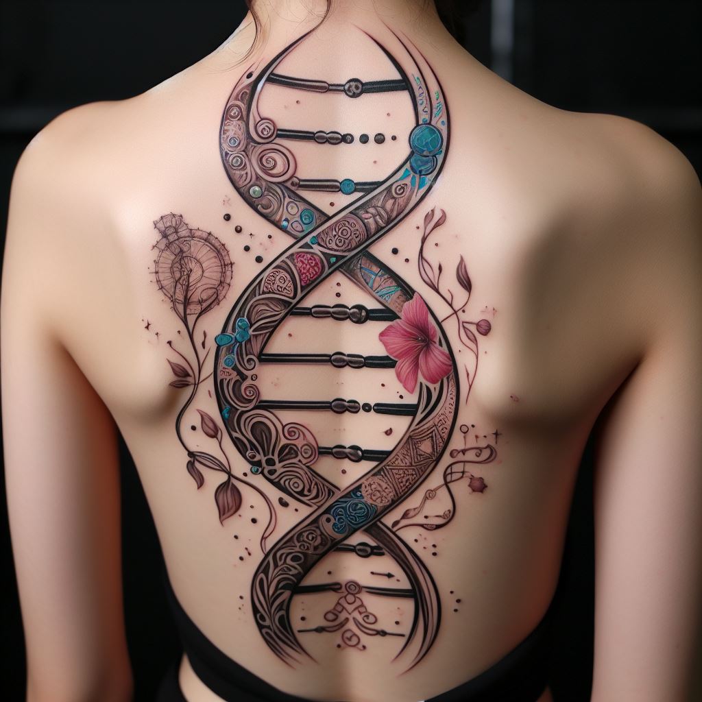 A tattoo of a DNA strand that twists along the spine, incorporating elements that represent family, heritage, and personal traits within its structure. The design is both scientific and artistic, symbolizing the unique combination of traits that make up the individual's identity and connection to their lineage.
