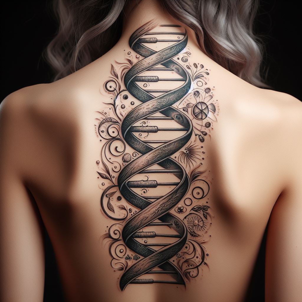 A tattoo of a DNA strand that twists along the spine, incorporating elements that represent family, heritage, and personal traits within its structure. The design is both scientific and artistic, symbolizing the unique combination of traits that make up the individual's identity and connection to their lineage.