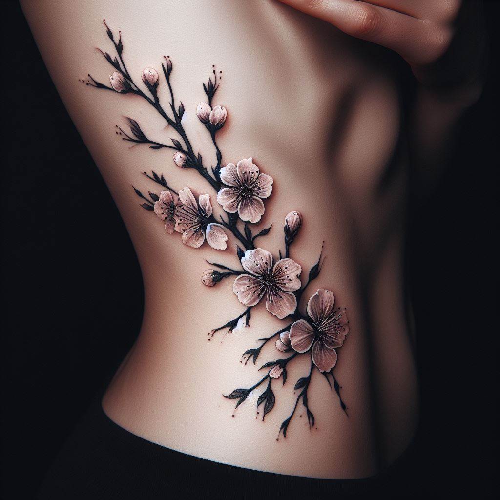 An elegant tattoo of a cherry blossom branch with flowers in full bloom, extending along the side of the rib cage. The cherry blossoms represent the beauty and fragility of life, with each bloom symbolizing loved ones or significant life events, reminding the wearer to cherish every moment.