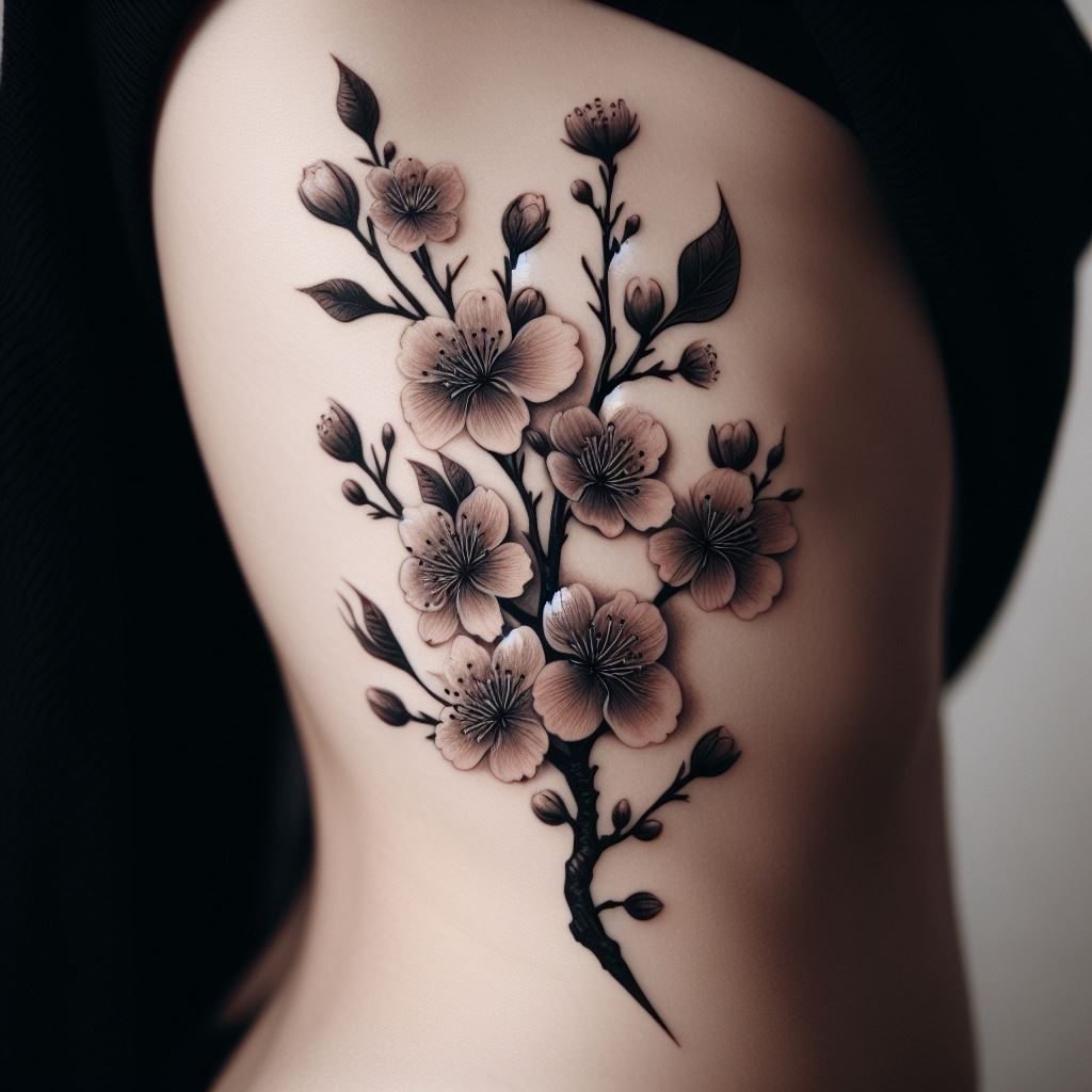 An elegant tattoo of a cherry blossom branch with flowers in full bloom, extending along the side of the rib cage. The cherry blossoms represent the beauty and fragility of life, with each bloom symbolizing loved ones or significant life events, reminding the wearer to cherish every moment.