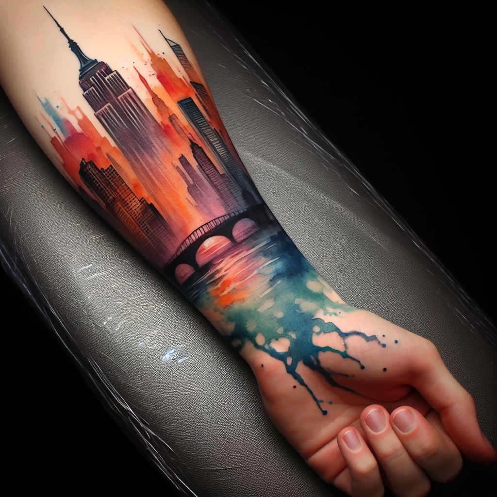 A tattoo that depicts a city skyline or a significant landmark in watercolor style, painted along the forearm. The colors blend and flow, representing the wearer's connection to the place and the memories it holds, with the watercolor effect symbolizing the fluidity and changing nature of life.