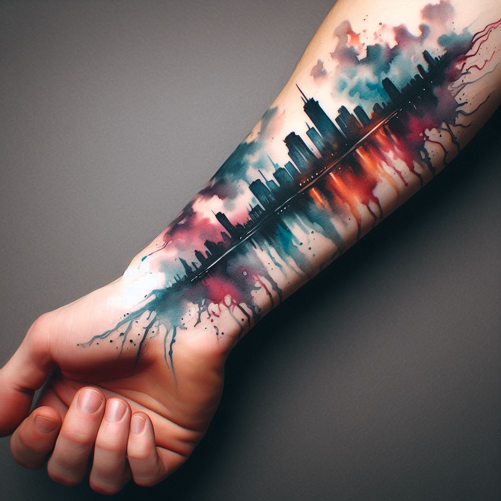 A tattoo that depicts a city skyline or a significant landmark in watercolor style, painted along the forearm. The colors blend and flow, representing the wearer's connection to the place and the memories it holds, with the watercolor effect symbolizing the fluidity and changing nature of life.