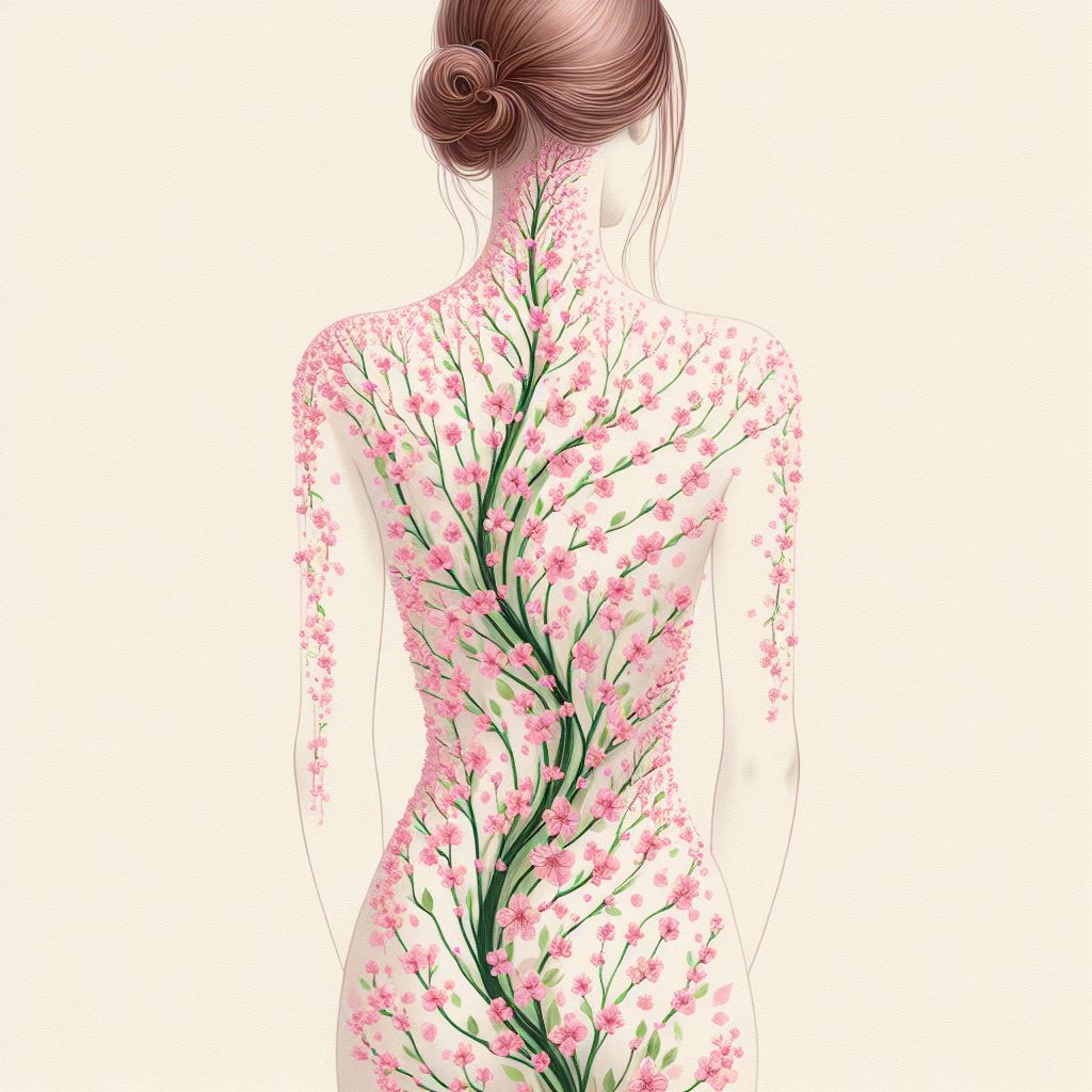 Vertical alignment of cherry blossoms flowing down a woman's spine, in delicate pink and green hues, symbolizing life's fleeting beauty.