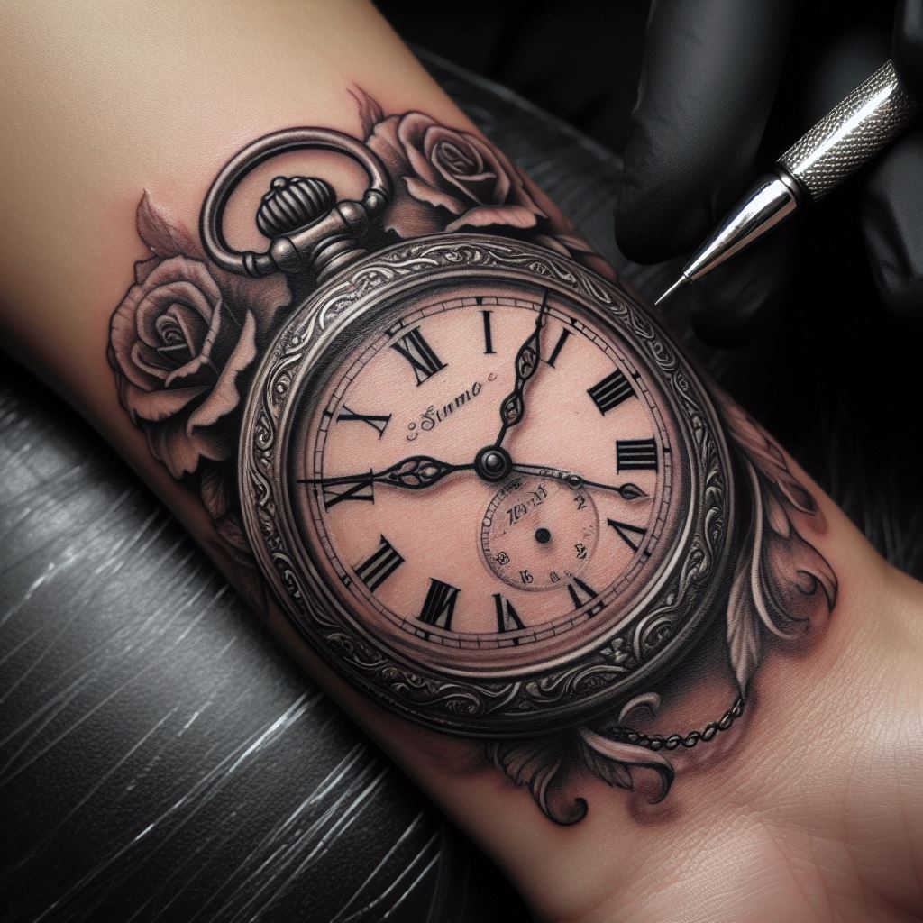 A vintage pocket watch tattoo with the hands set to a significant time, such as the birth time of a child or a time representing a life-changing event. The watch is detailed with ornate engravings and positioned on the inner wrist, symbolizing the importance of time and memorable moments in the wearer's life.