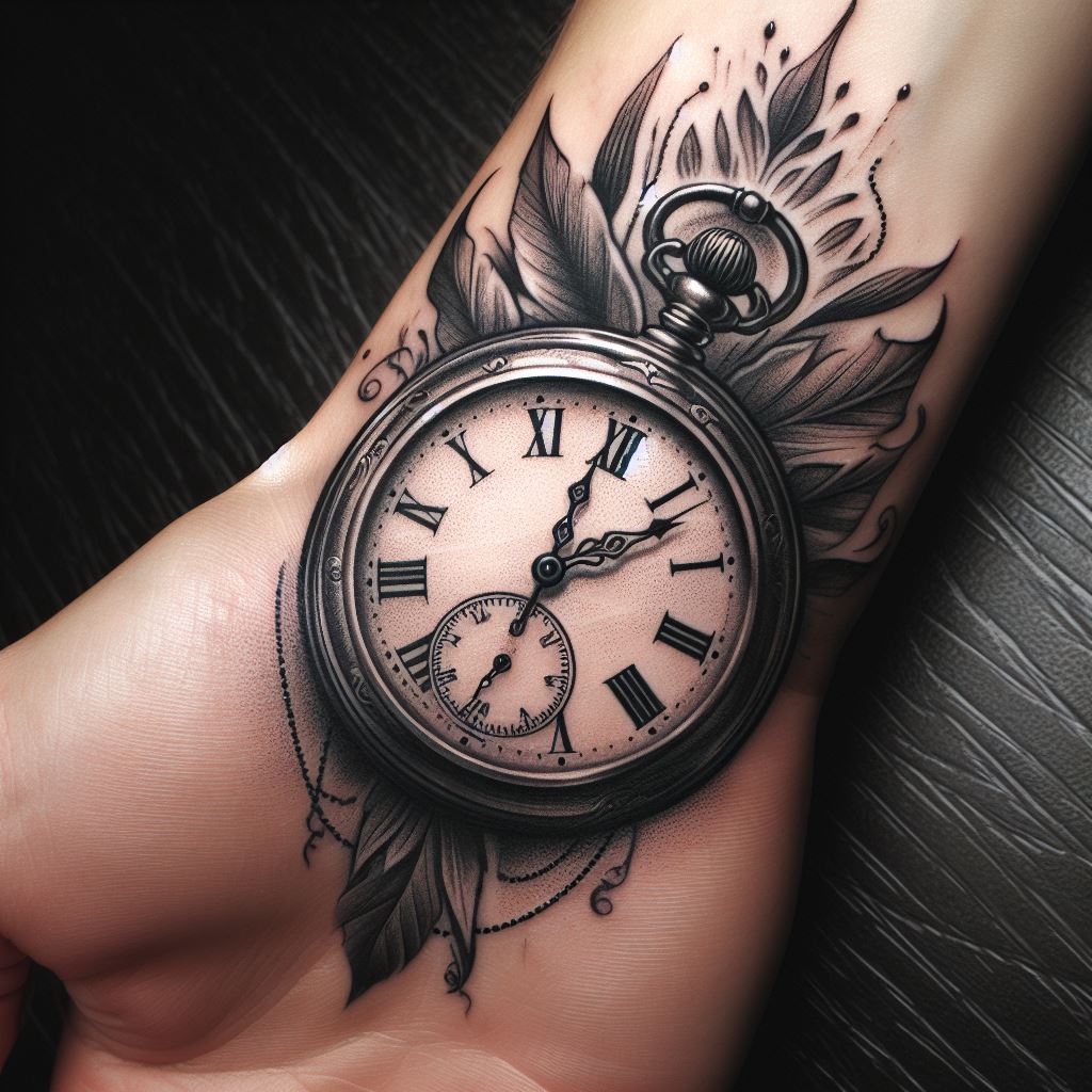 A vintage pocket watch tattoo with the hands set to a significant time, such as the birth time of a child or a time representing a life-changing event. The watch is detailed with ornate engravings and positioned on the inner wrist, symbolizing the importance of time and memorable moments in the wearer's life.