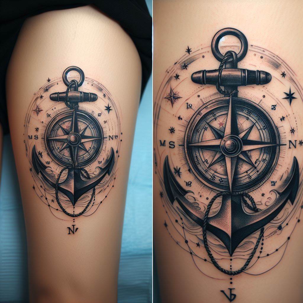 A tattoo that combines a nautical compass with a sturdy anchor, placed on the calf. The compass includes cardinal directions and is entwined with the anchor, representing stability and a sense of direction in life. Nautical stars or waves can be added to enhance the maritime theme, reflecting the wearer's love for the sea or a journey they are navigating.
