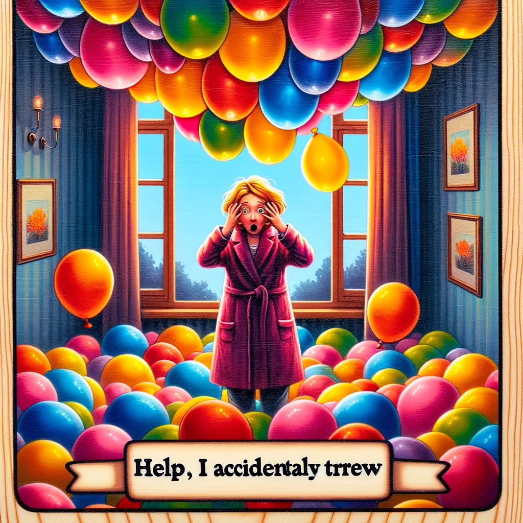 A whimsical image of a person standing in a room filled with balloons, their expression one of sheer astonishment, with the caption 'Help, I accidentally threw a party.' The scene is vibrant and colorful, with balloons of various sizes and colors filling the space around the bewildered individual. The person looks around in disbelief, unsure of how the quiet room they were in turned into a lively party atmosphere.