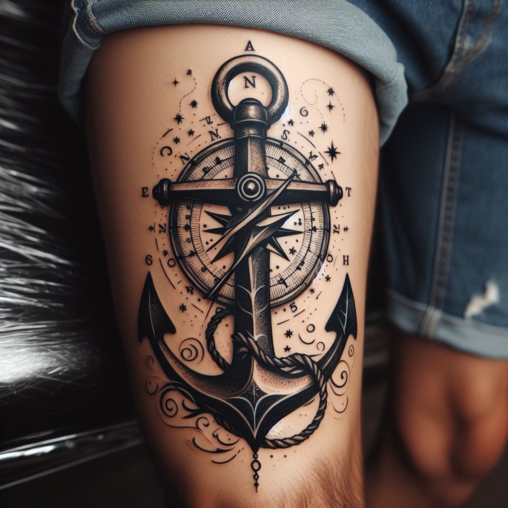 A tattoo that combines a nautical compass with a sturdy anchor, placed on the calf. The compass includes cardinal directions and is entwined with the anchor, representing stability and a sense of direction in life. Nautical stars or waves can be added to enhance the maritime theme, reflecting the wearer's love for the sea or a journey they are navigating.