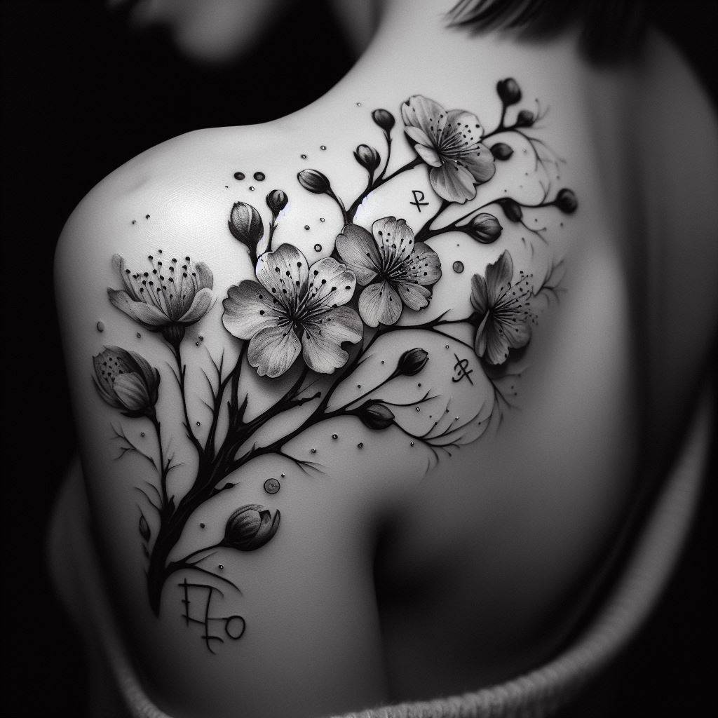 A tattoo that features a cherry blossom branch in full bloom, draping elegantly over the shoulder and extending slightly down the arm. The blossoms are detailed and delicate, symbolizing the beauty and fragility of life. Personal elements, such as initials or small symbols, can be hidden within the petals or branches, adding layers of meaning.