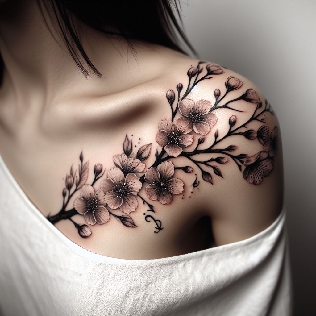 A tattoo that features a cherry blossom branch in full bloom, draping elegantly over the shoulder and extending slightly down the arm. The blossoms are detailed and delicate, symbolizing the beauty and fragility of life. Personal elements, such as initials or small symbols, can be hidden within the petals or branches, adding layers of meaning.