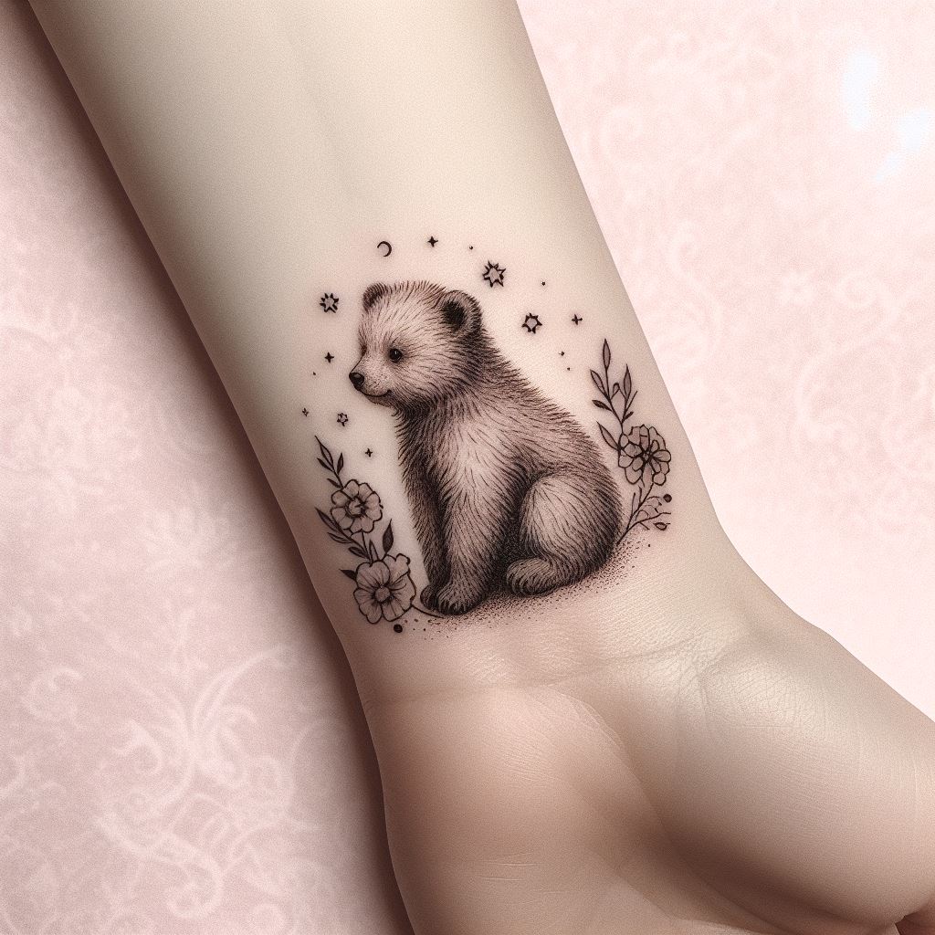 A small, delicate tattoo of a bear cub sitting quietly, designed to fit gracefully on the wrist. The cub's fur is detailed with fine lines, capturing its softness and innocence. Surrounding the cub are small floral elements and stars, adding a whimsical and gentle touch to the tattoo. This design should evoke feelings of nurturing and protection, perfect for a subtle yet meaningful piece.