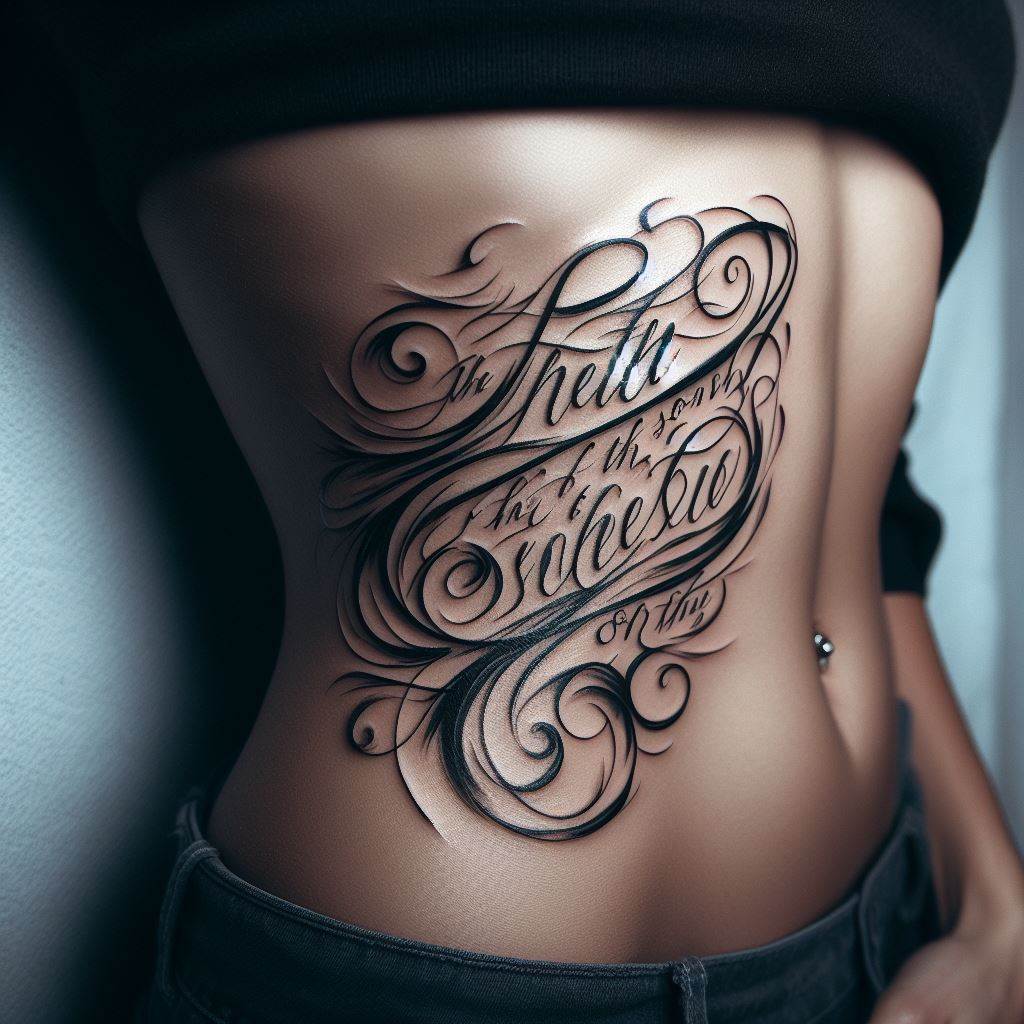 A tattoo that presents a favorite literary quote in a flowing script, running along the side of the rib cage. The typography is artistic and complements the meaning of the quote, which reflects the wearer's personal philosophy or a source of inspiration. The design may include subtle literary symbols, like a book, pen, or scroll, to enhance the theme.