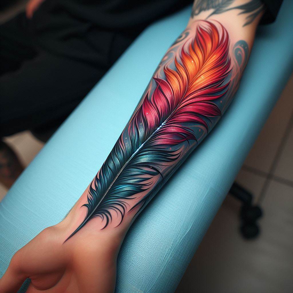 A tattoo depicting a stylized phoenix feather, its vibrant colors fading into ashes at the tip, symbolizing rebirth and renewal. Positioned along the forearm, this tattoo represents the wearer's resilience and ability to rise from challenges. The feather's detail and color can be customized to reflect personal significance or aesthetic preference.