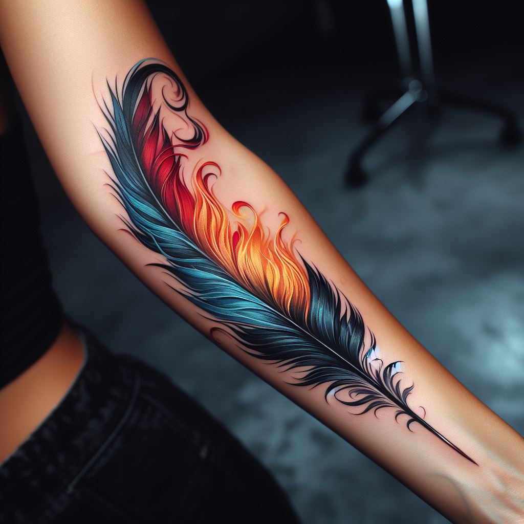 A tattoo depicting a stylized phoenix feather, its vibrant colors fading into ashes at the tip, symbolizing rebirth and renewal. Positioned along the forearm, this tattoo represents the wearer's resilience and ability to rise from challenges. The feather's detail and color can be customized to reflect personal significance or aesthetic preference.