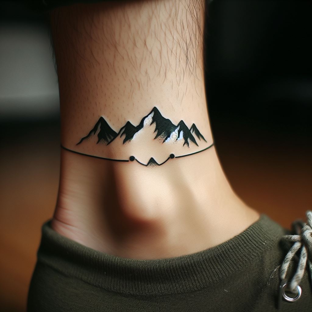 A minimalist tattoo that captures the silhouette of a mountain range, encircling the ankle like a bracelet. The peaks are stylized and simple, representing the wearer's love for adventure and the outdoors. Personal milestones or achievements can be symbolized by individual peaks, making the tattoo a representation of the wearer's journey and aspirations.