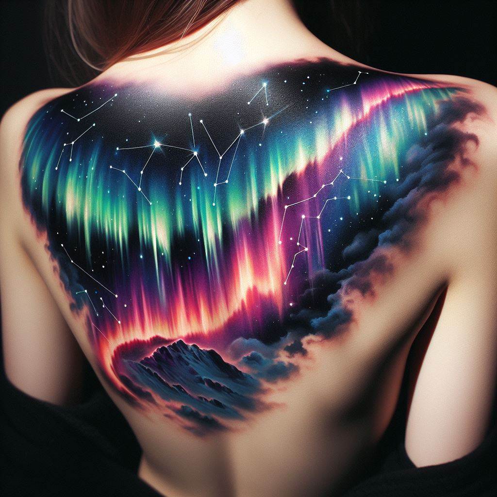 A tattoo that depicts the ethereal beauty of the Northern Lights, stretching across the upper back. The colors are vibrant and fluid, blending into the night sky adorned with stars. This tattoo symbolizes wonder, dreams, and the pursuit of the extraordinary, with potential to incorporate personal symbols or constellations that hold meaning for the wearer.