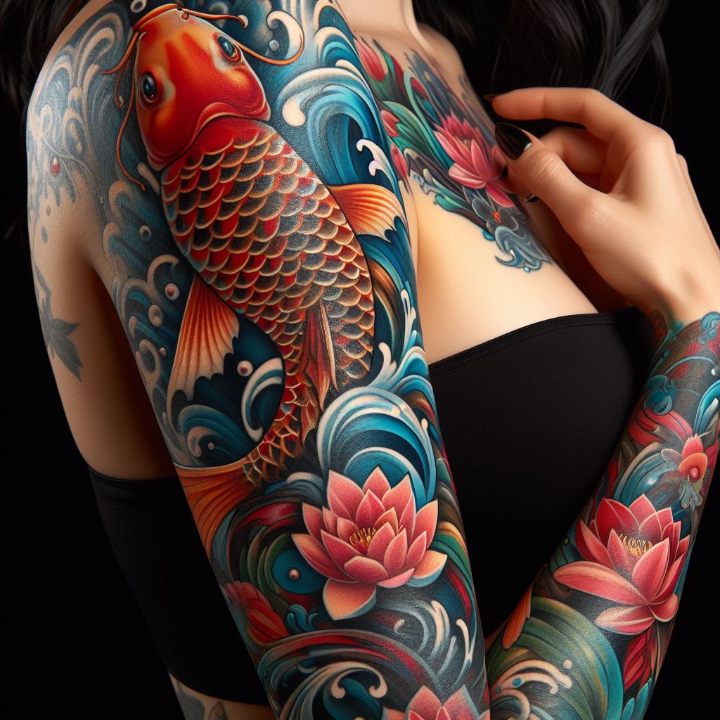 Colorful koi fish tattoo covering a woman's upper arm to the elbow, designed with flowing water and lotus flowers, symbolizing perseverance and good fortune.