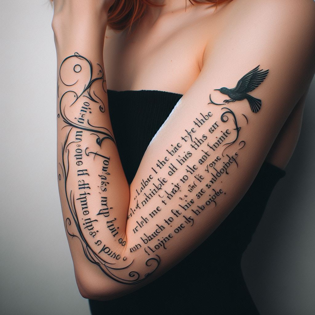 A tattoo that features a quote from a favorite book or poem, written in elegant script along the inner bicep. The words wrap slightly around the arm, with small illustrations or symbols related to the literary work incorporated subtly into the design, celebrating the wearer's love for literature and the impact of words on their life.