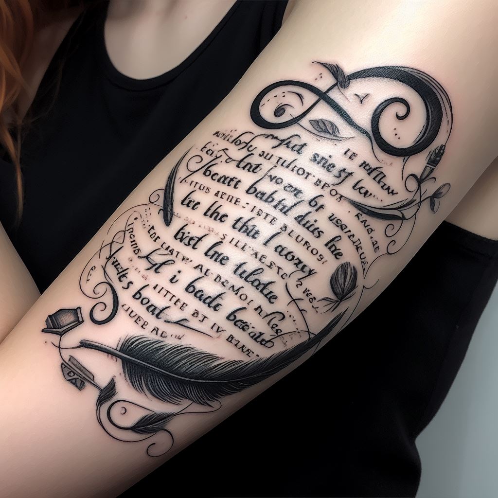 A tattoo that features a quote from a favorite book or poem, written in elegant script along the inner bicep. The words wrap slightly around the arm, with small illustrations or symbols related to the literary work incorporated subtly into the design, celebrating the wearer's love for literature and the impact of words on their life.