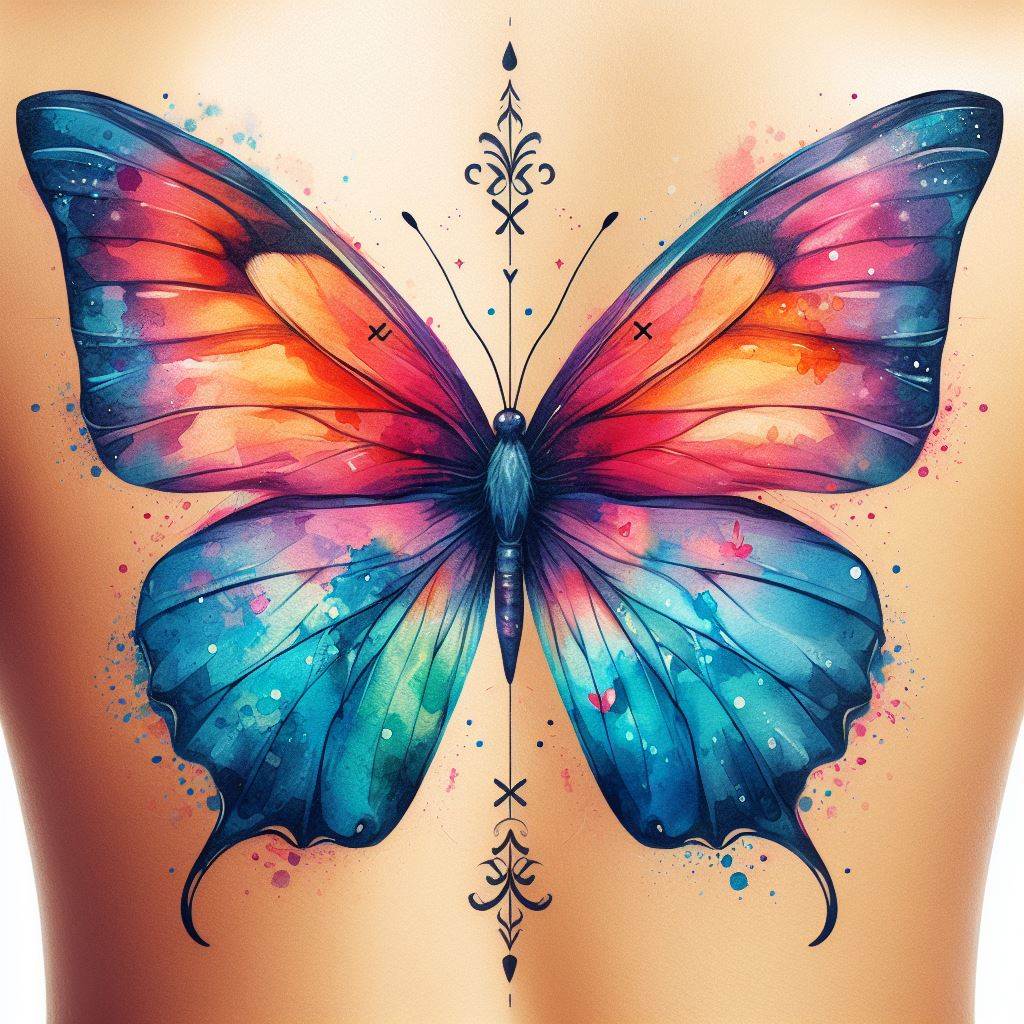 A vibrant watercolor butterfly tattoo, with wings that spread across the lower back. The colors blend seamlessly, symbolizing transformation and freedom. Include subtle elements within the wings, such as initials or small symbols, that represent personal growth or significant life changes.