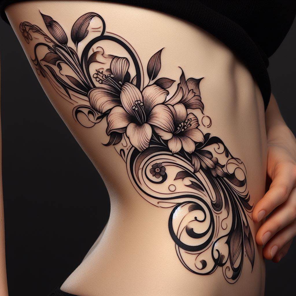 An elegant Art Nouveau-style floral tattoo that cascades down the side torso, from under the arm to the hip. The design features curvilinear lines and natural forms, with flowers and leaves that have personal meanings or represent family members. This tattoo merges beauty, nature, and personal connections in a timeless style.