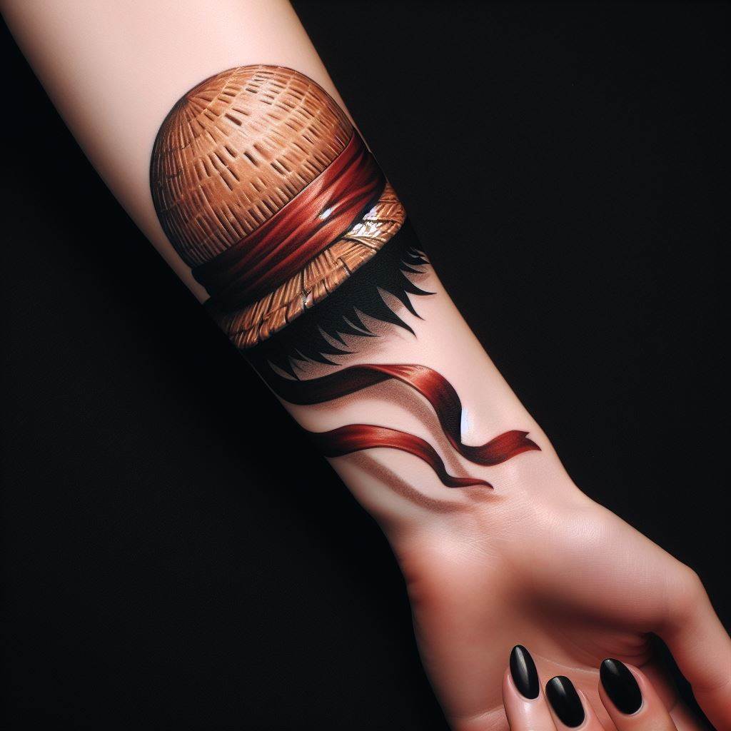 A realistic tattoo design of Monkey D. Luffy's iconic straw hat, intricately detailed with shadows to give it a 3D effect, positioned on the forearm. The tattoo should capture the texture of the straw and include the red ribbon, making it look as if the hat is resting on the skin.