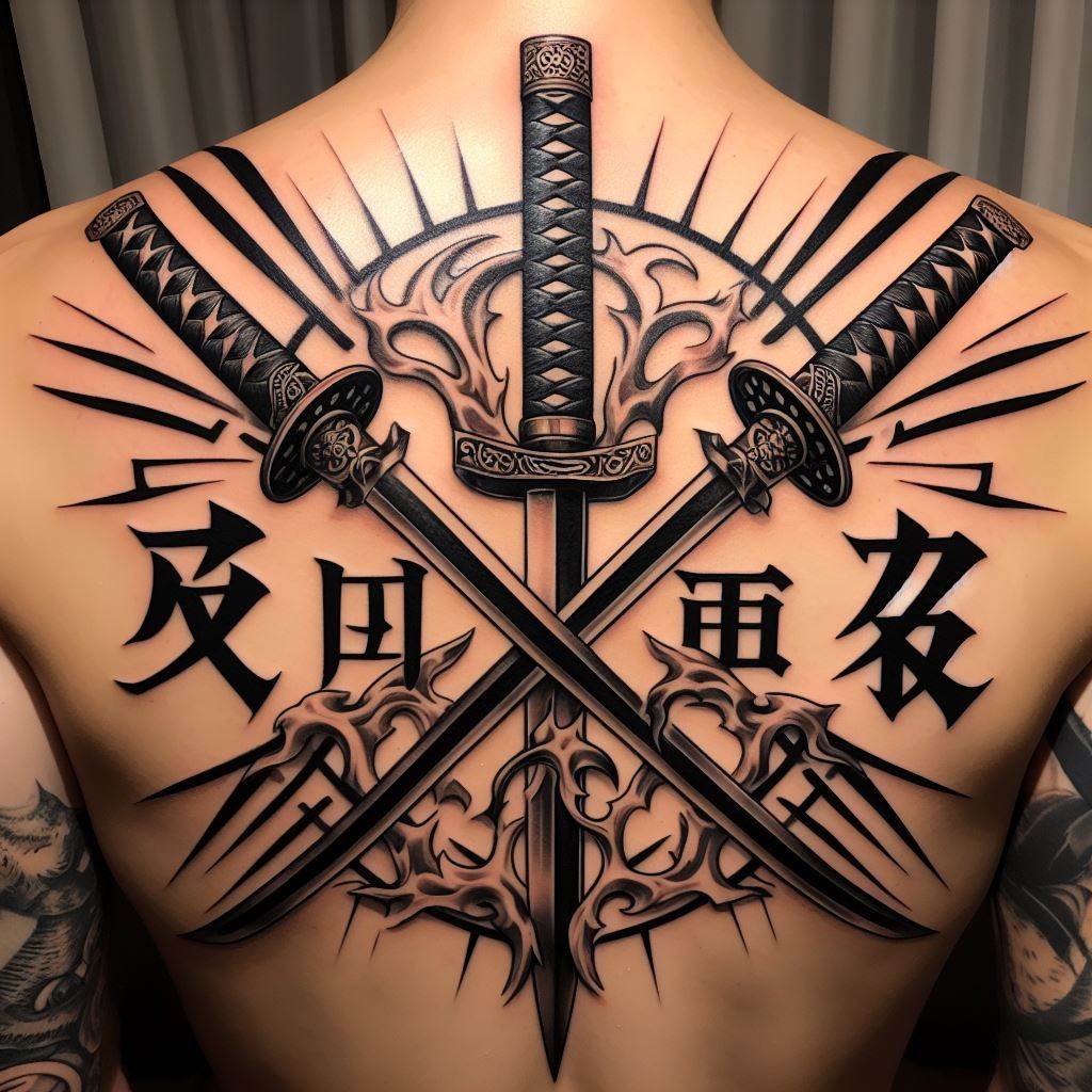 A large, detailed tattoo featuring Roronoa Zoro's three swords, Wado Ichimonji, Sandai Kitetsu, and Shusui, crossing each other in an X formation with intricate designs on their hilts, placed across the upper back. The tattoo should include Japanese kanji symbols for 'justice' and 'courage' intertwined with the swords.