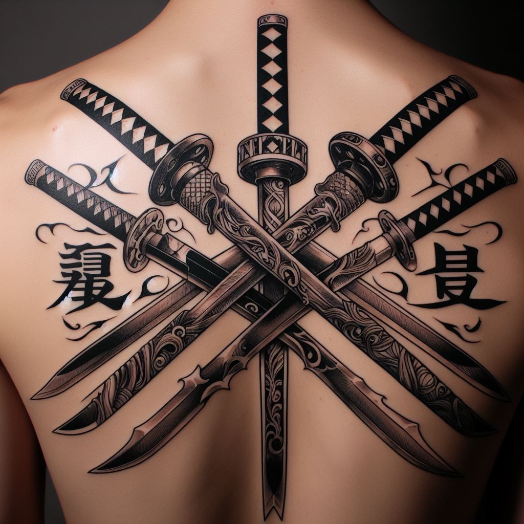 A large, detailed tattoo featuring Roronoa Zoro's three swords, Wado Ichimonji, Sandai Kitetsu, and Shusui, crossing each other in an X formation with intricate designs on their hilts, placed across the upper back. The tattoo should include Japanese kanji symbols for 'justice' and 'courage' intertwined with the swords.
