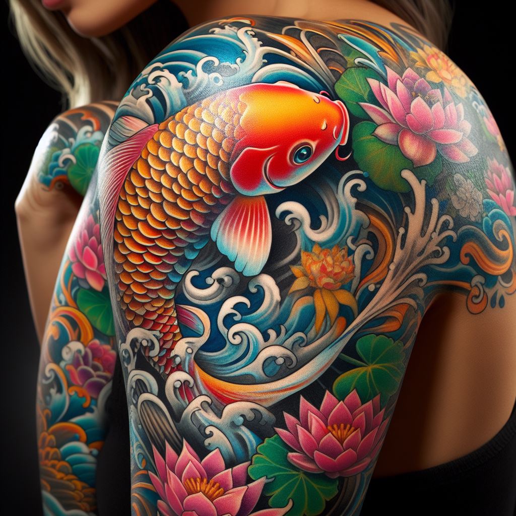 Colorful koi fish tattoo covering a woman's upper arm to the elbow, designed with flowing water and lotus flowers, symbolizing perseverance and good fortune.