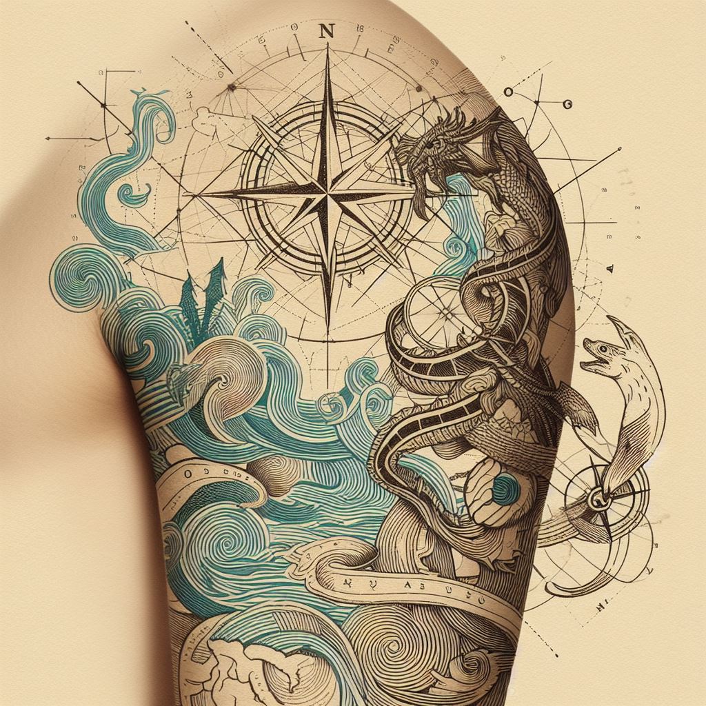 An artistic rendition of Nami's navigational map, complete with lines representing sea routes and mythical creatures of the sea, wrapped around the shoulder. The design should have an old map aesthetic, with a compass rose and aged paper texture.