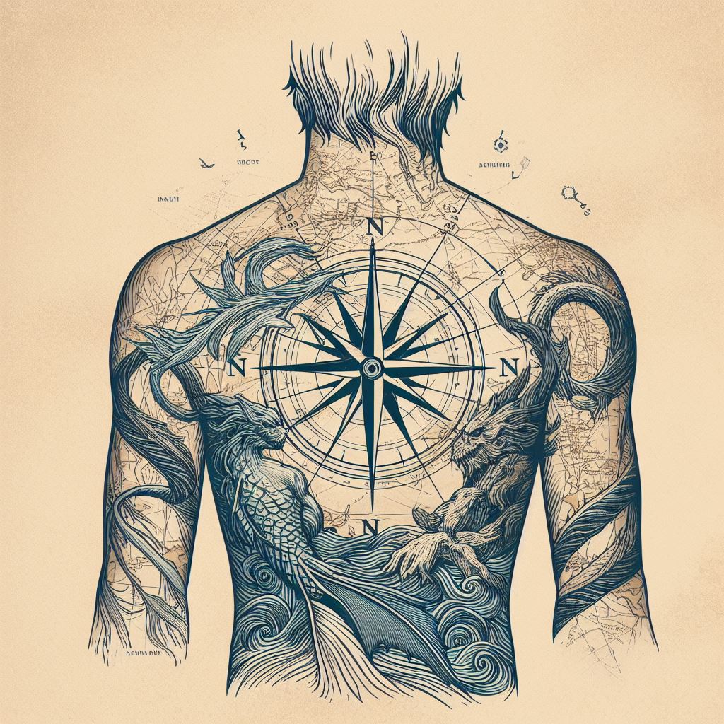 An artistic rendition of Nami's navigational map, complete with lines representing sea routes and mythical creatures of the sea, wrapped around the shoulder. The design should have an old map aesthetic, with a compass rose and aged paper texture.