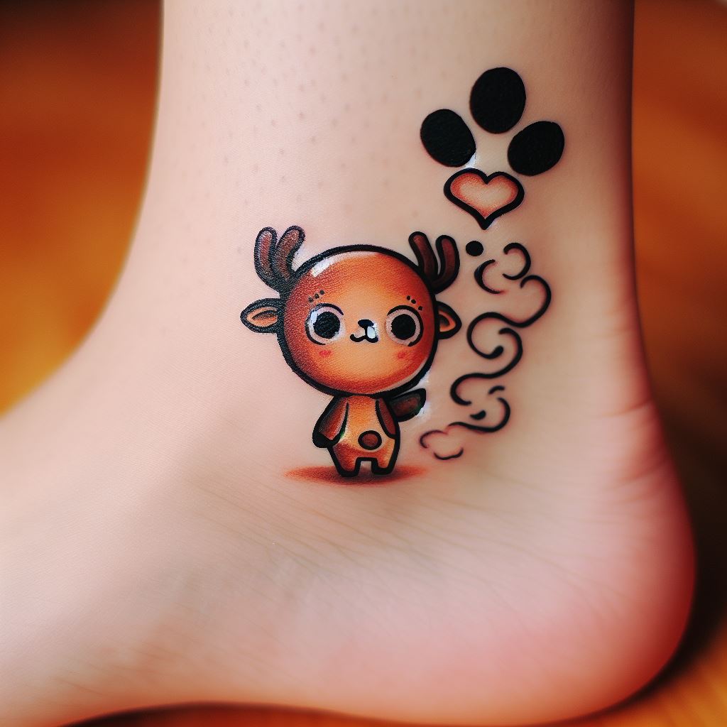A small, cute tattoo of Tony Tony Chopper's hoof print, looking as if Chopper just stepped onto the skin, placed on the ankle. The design should include a small, heart-shaped smoke puff to represent Chopper's cuteness and his Devil Fruit powers.