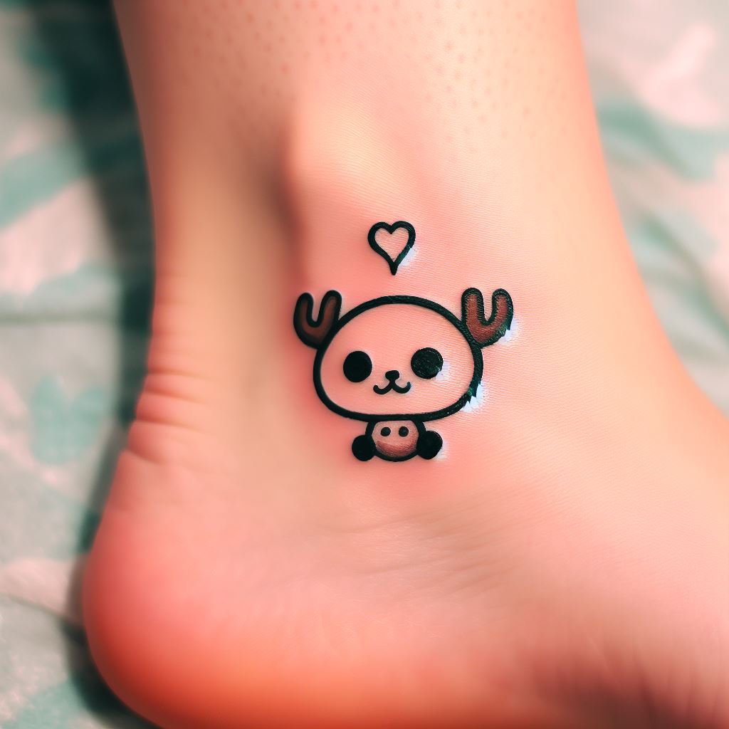 A small, cute tattoo of Tony Tony Chopper's hoof print, looking as if Chopper just stepped onto the skin, placed on the ankle. The design should include a small, heart-shaped smoke puff to represent Chopper's cuteness and his Devil Fruit powers.