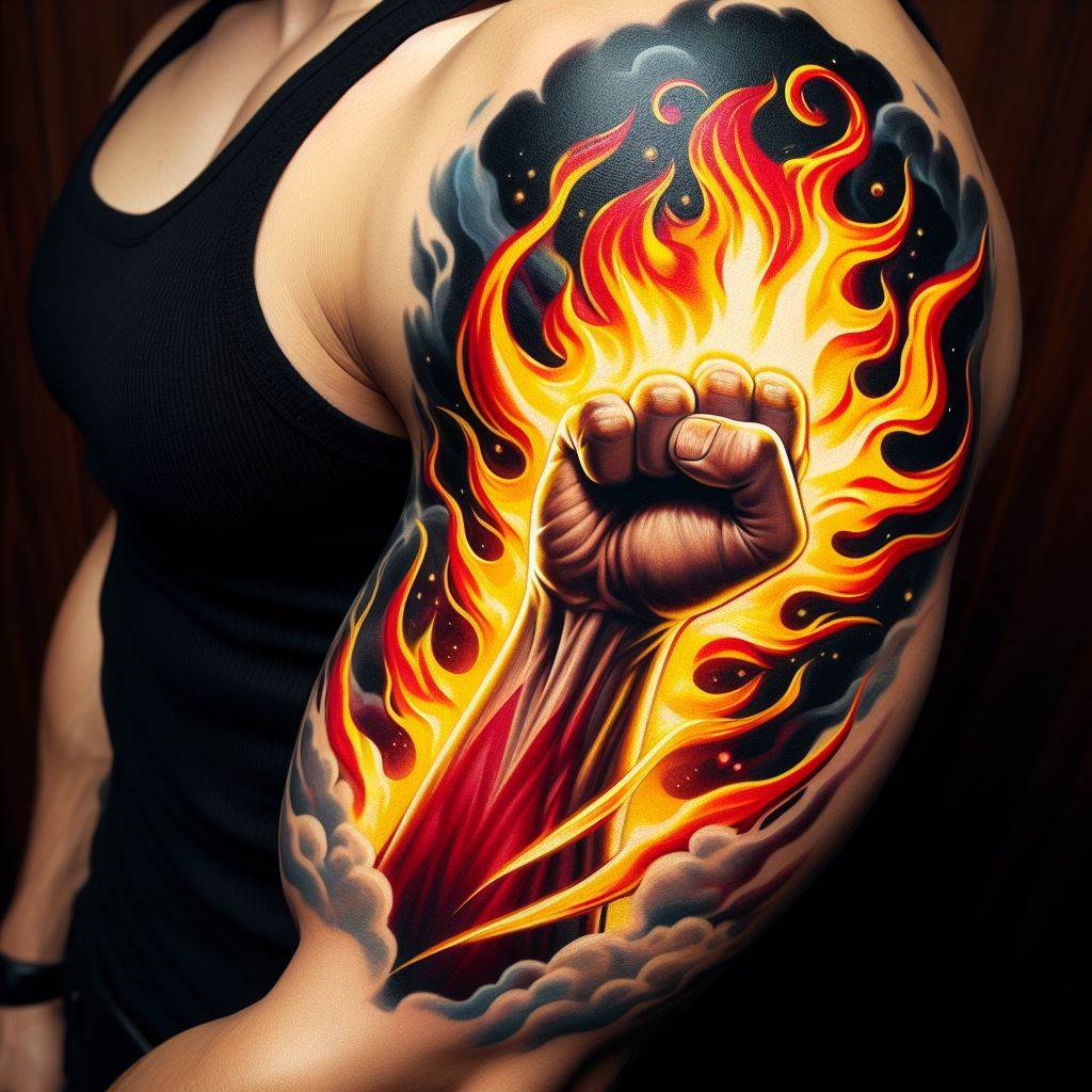 A dynamic tattoo of Portgas D. Ace's fist, encased in flames, positioned on the bicep. The flames should appear to be moving, with vibrant colors transitioning from yellow to deep red, symbolizing Ace's fiery power and spirit.
