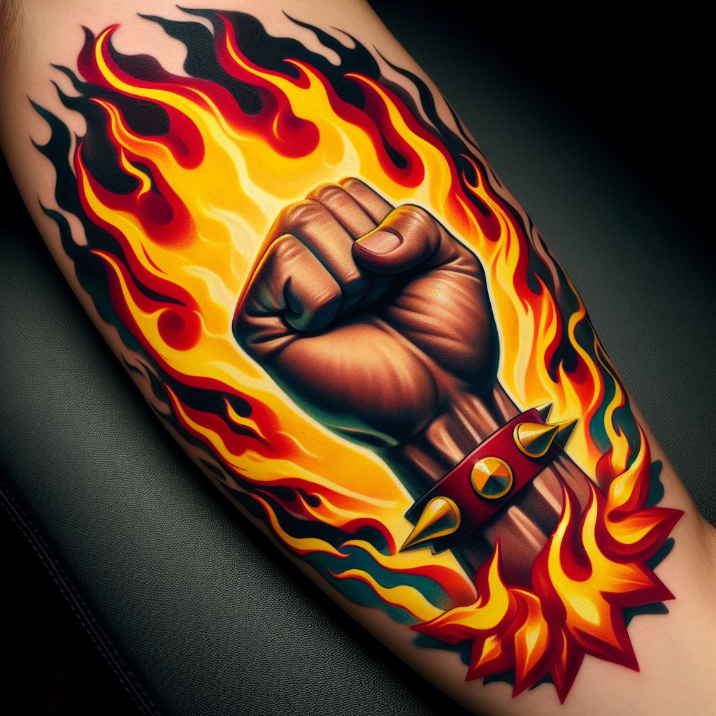 A dynamic tattoo of Portgas D. Ace's fist, encased in flames, positioned on the bicep. The flames should appear to be moving, with vibrant colors transitioning from yellow to deep red, symbolizing Ace's fiery power and spirit.