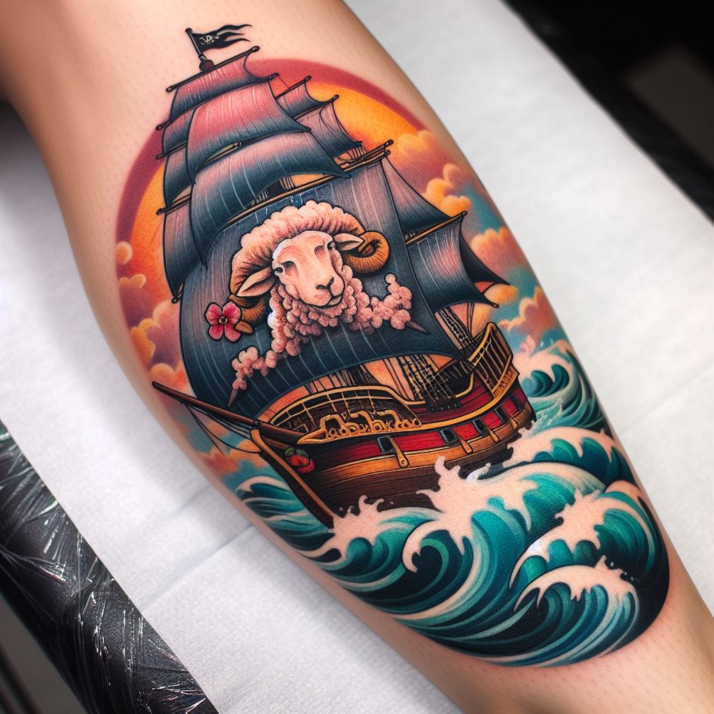 A detailed, colorful tattoo of the Going Merry, the Straw Hat Pirates' first ship, sailing on the sea, positioned on the calf. The design should capture the joyful spirit of the crew with the iconic sheep figurehead, and waves that give a sense of motion.