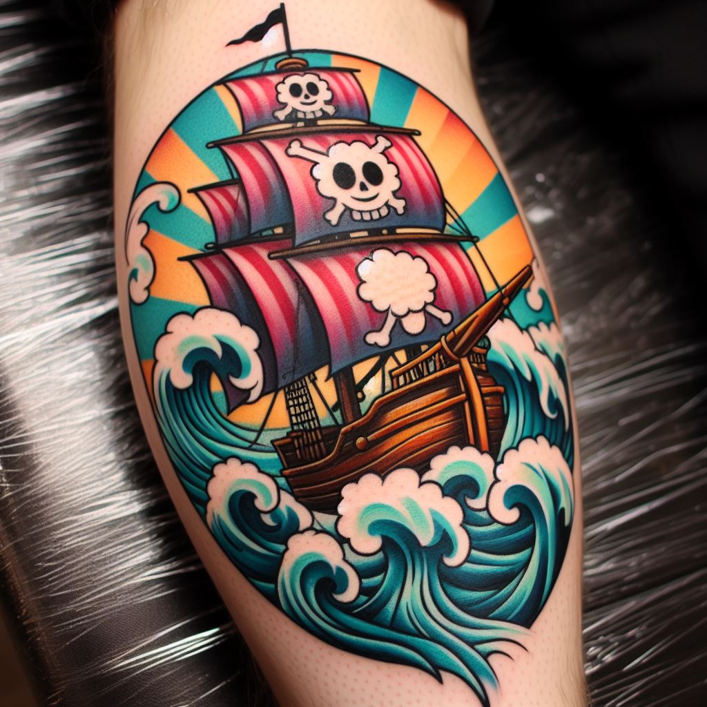 A detailed, colorful tattoo of the Going Merry, the Straw Hat Pirates' first ship, sailing on the sea, positioned on the calf. The design should capture the joyful spirit of the crew with the iconic sheep figurehead, and waves that give a sense of motion.